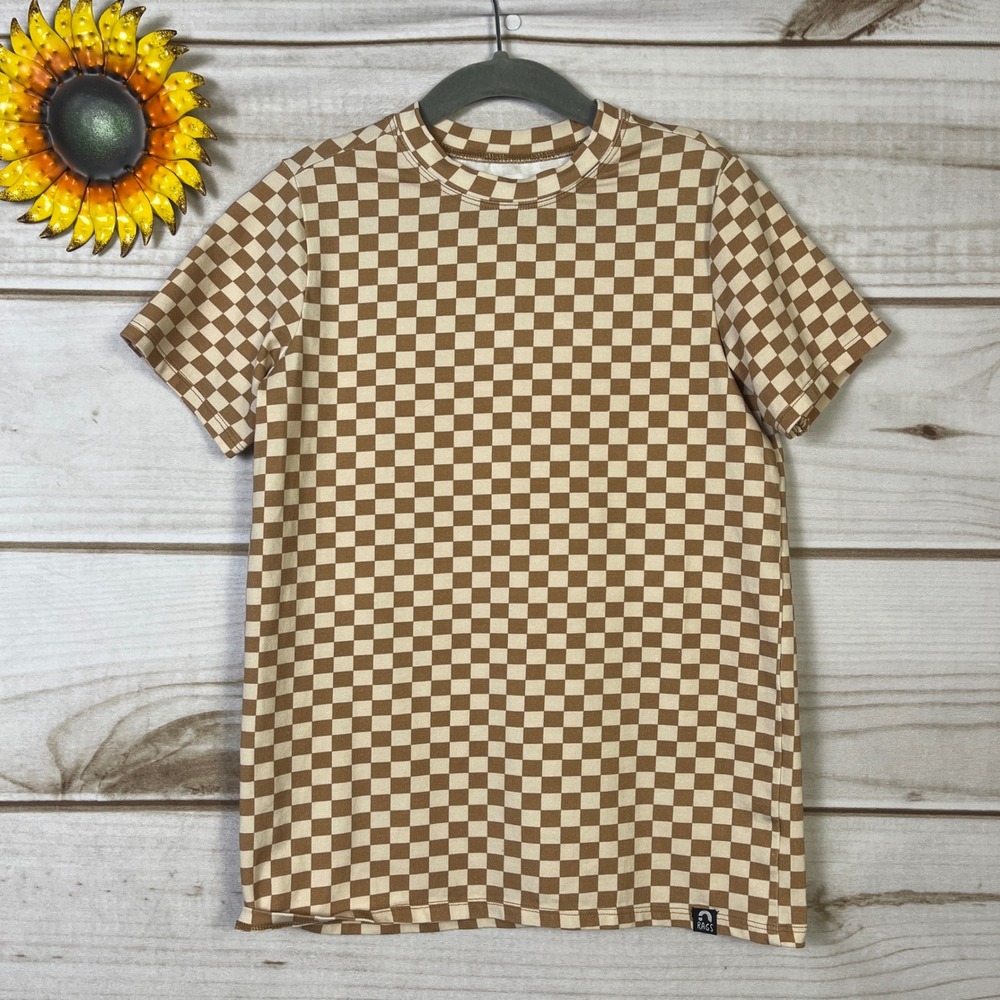 Rags Kids Brown Cream Checkered Short Sleeve T Shirt Top‎ Size 7 8